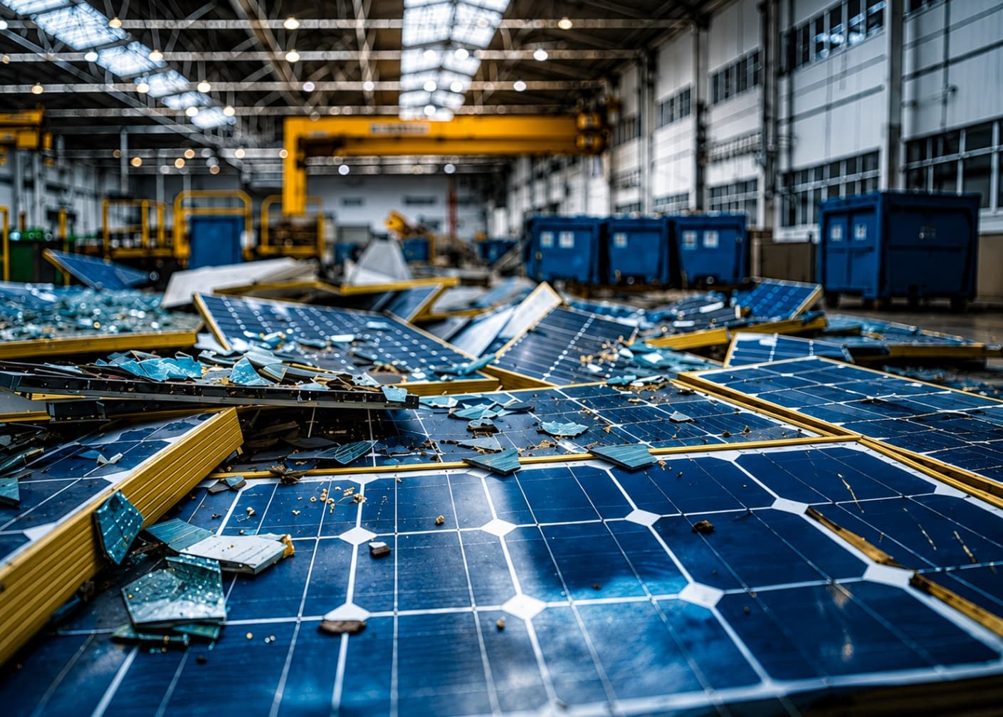 Hromada poškodených solárnych panelov v interiéri priemyselnej haly určenej na recykláciu