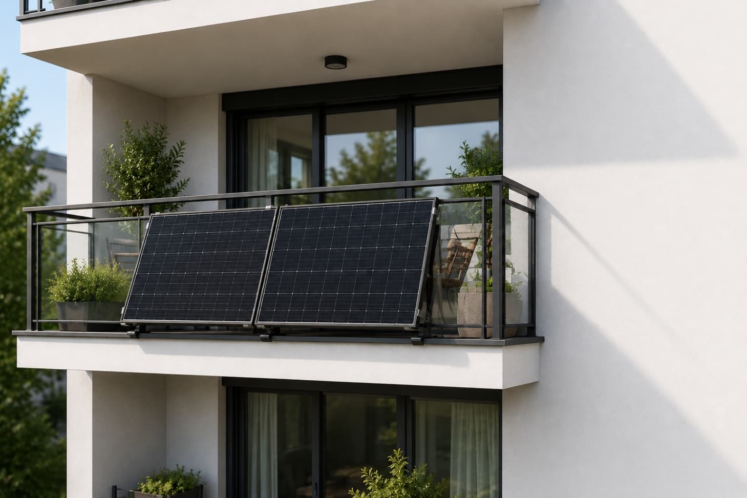 Dva čierne solárne panely namontované na zábradlí balkóna moderného bytového domu